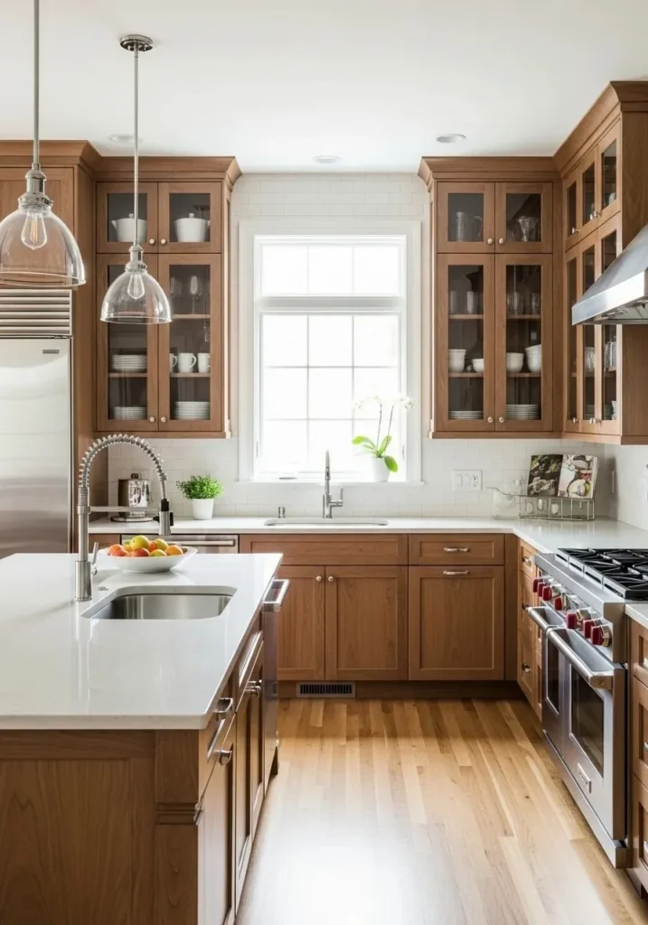 glass front wood cabinets bright kitchen storage ideas