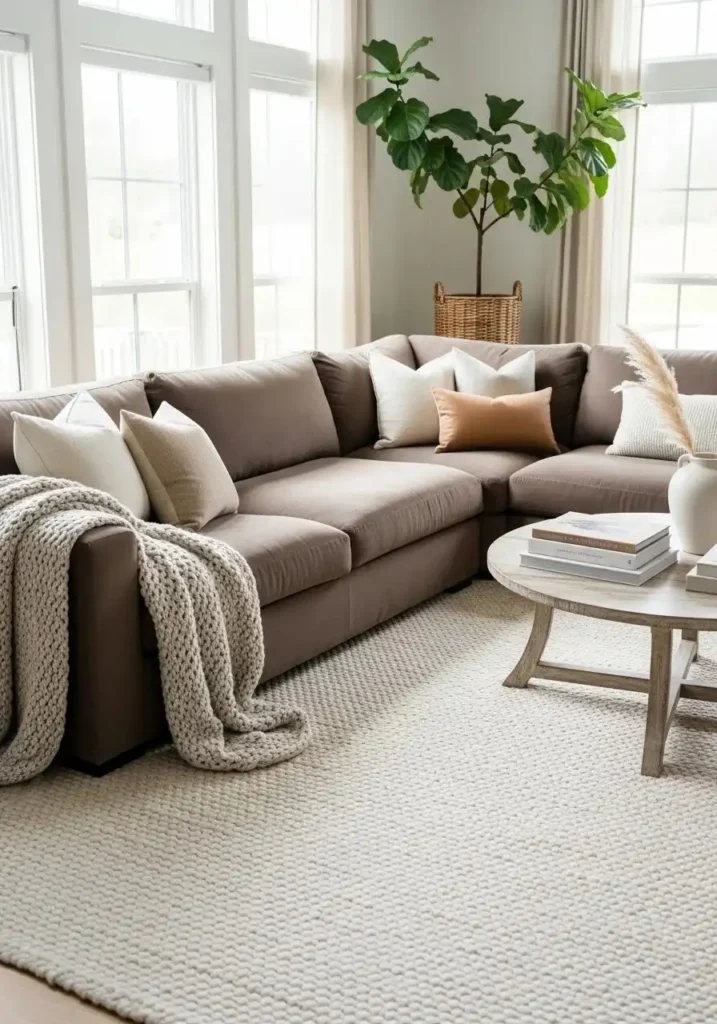 brown couch on light rug brightening living room space