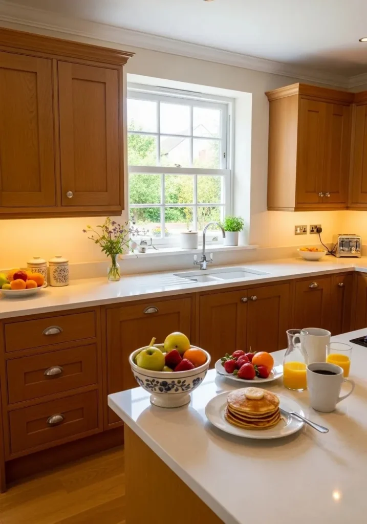 Kitchen with honey-colored wood cabinets and warm lighting creating a cozy, inviting atmosphere for family gatherings.