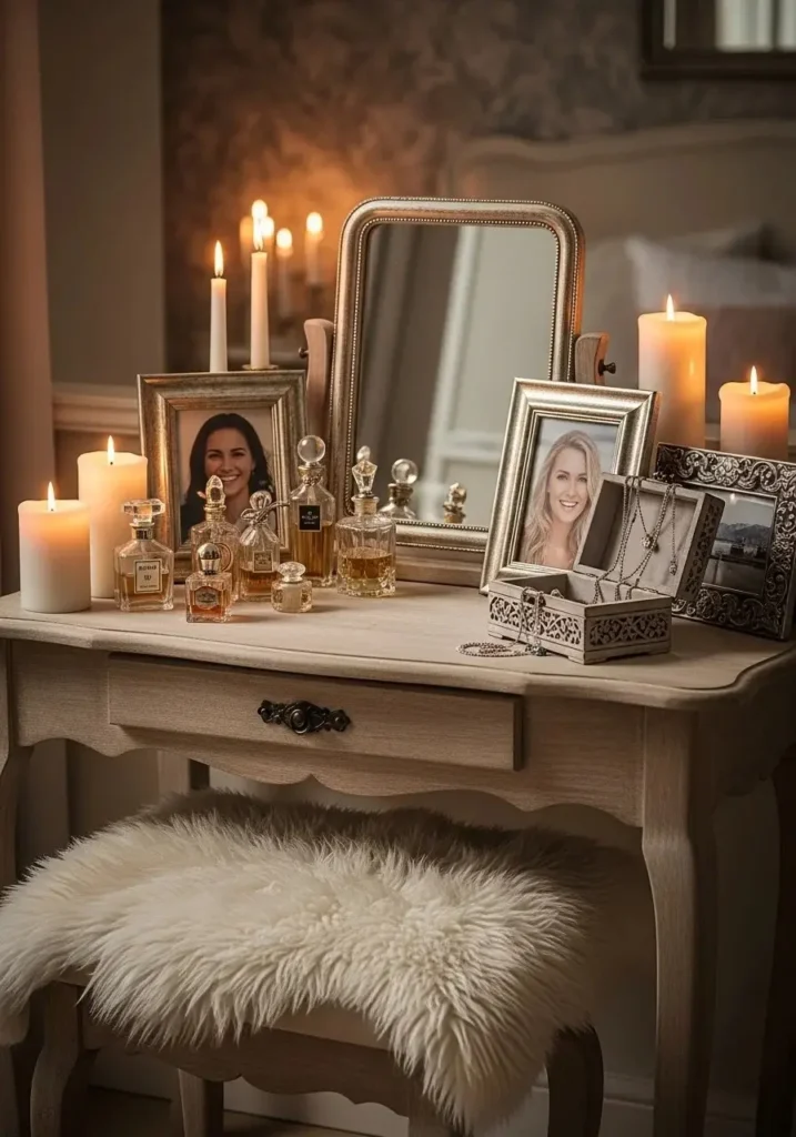 Cozy dressing table with personal touches and soft lighting