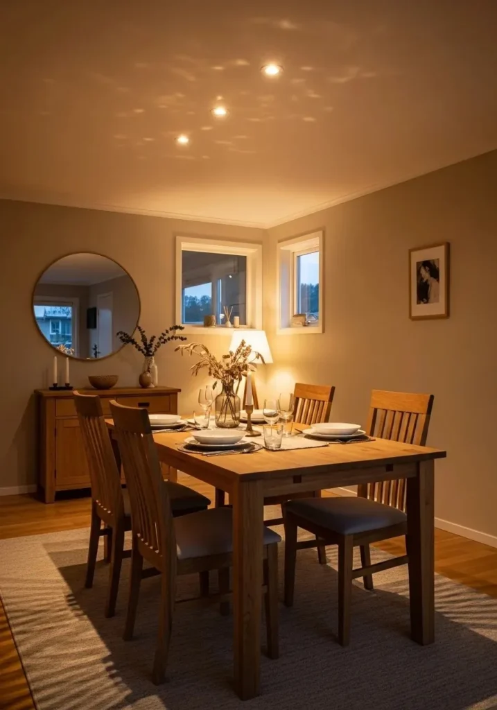 Dining room with warm ambient lighting creating a cozy everyday atmosphere