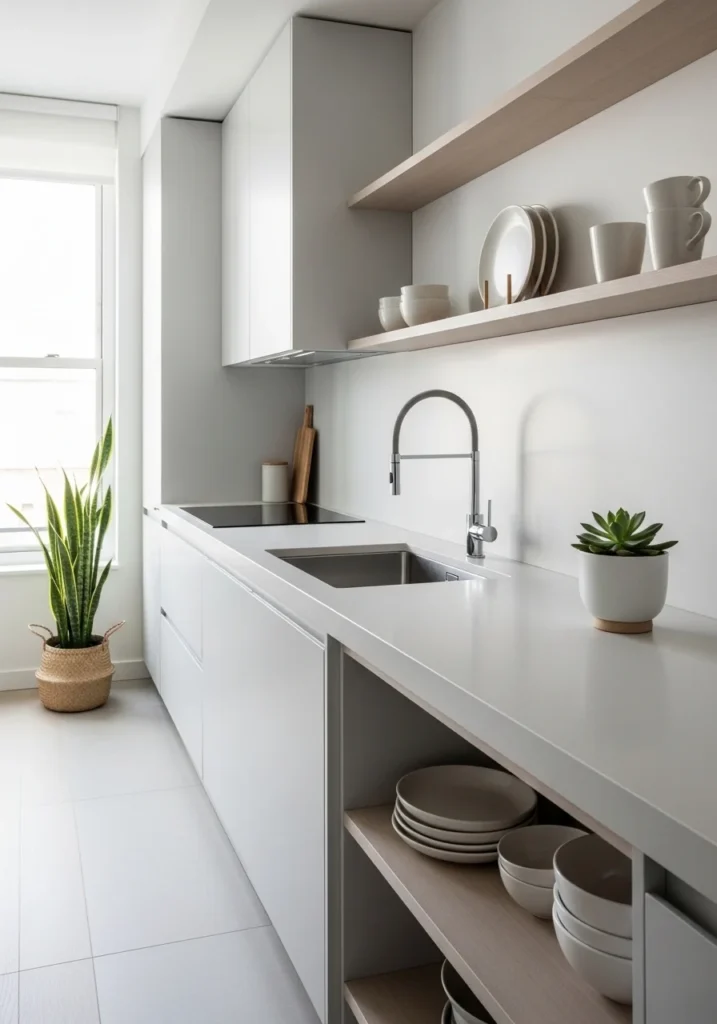 Minimal apartment kitchen with simple decor creating a clean and peaceful space