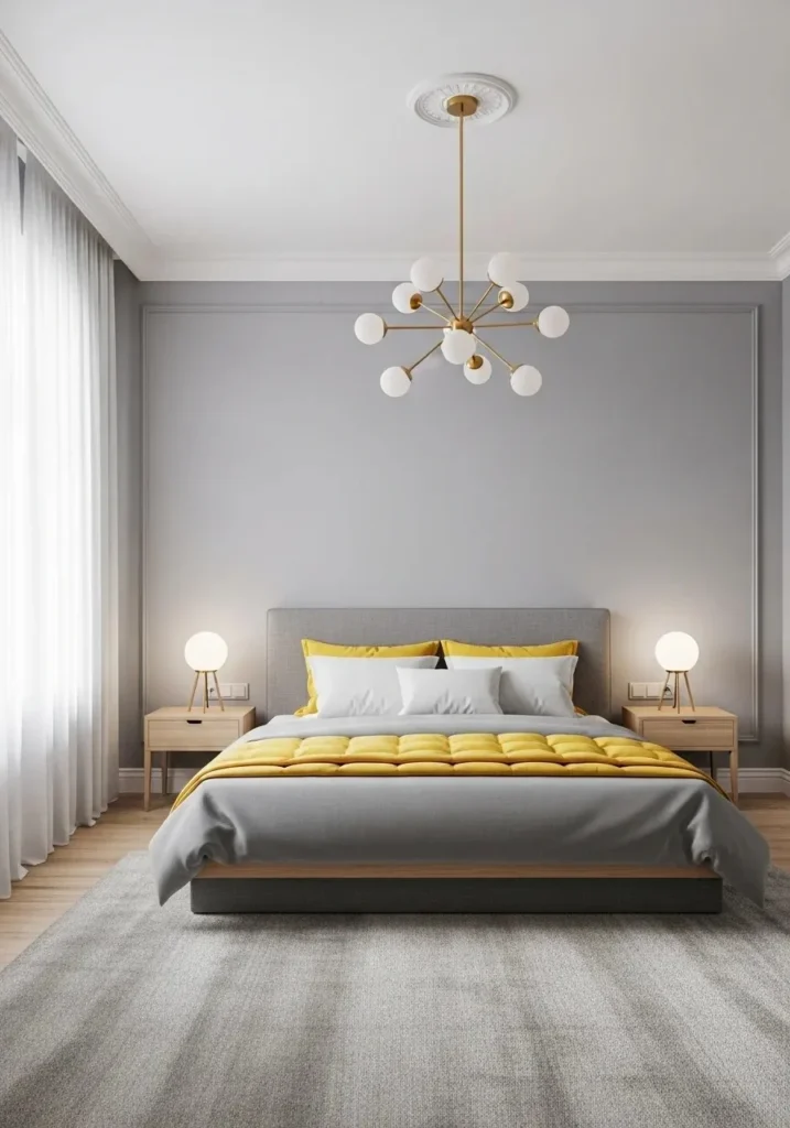 Yellow and grey bedroom palette creating a balanced, modern, and calming interior.