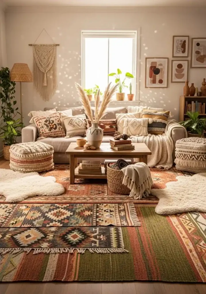 Layered rugs in a boho living room create a cozy and textured floor area with neutral sofa and wooden accents