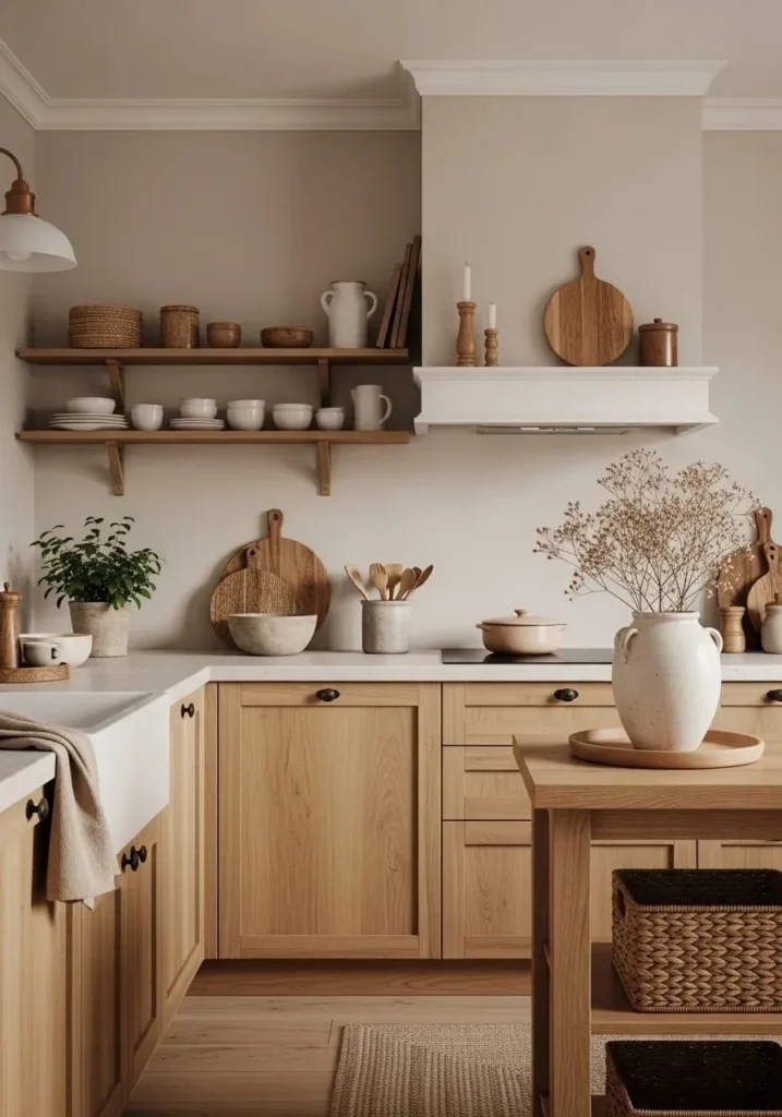wood cabinets with neutral walls cozy kitchen design ideas