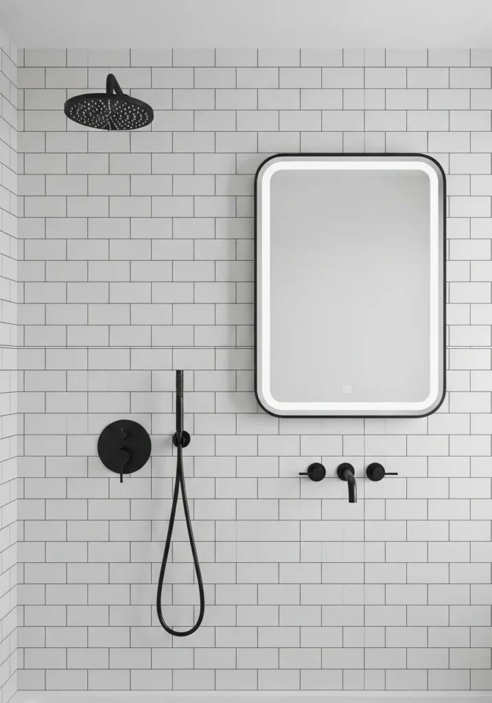 White subway tile bathroom with black grout and modern fixtures.