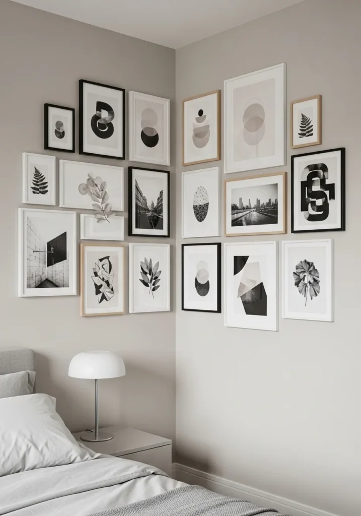 Bedroom corner gallery wall with framed art and neutral modern styling.