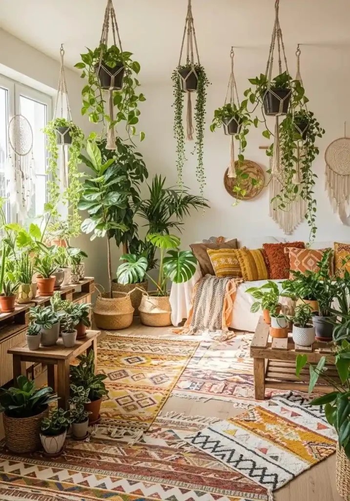 Indoor plants and hanging greenery add vibrancy and life to a boho living room