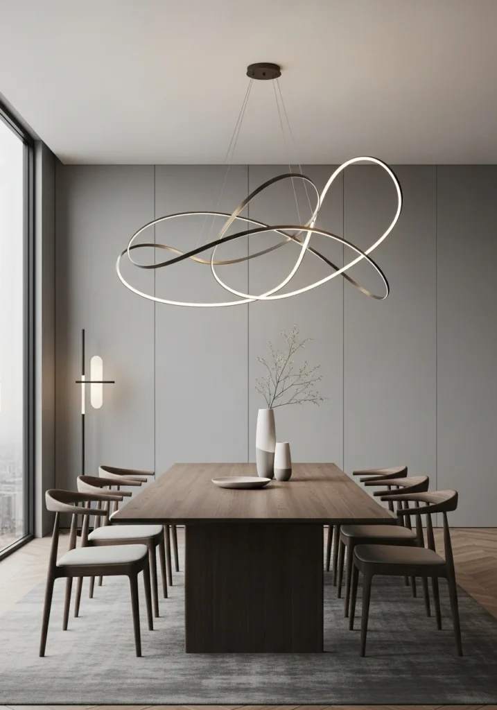 Dining room with sculptural light fixture acting as artistic centerpiece