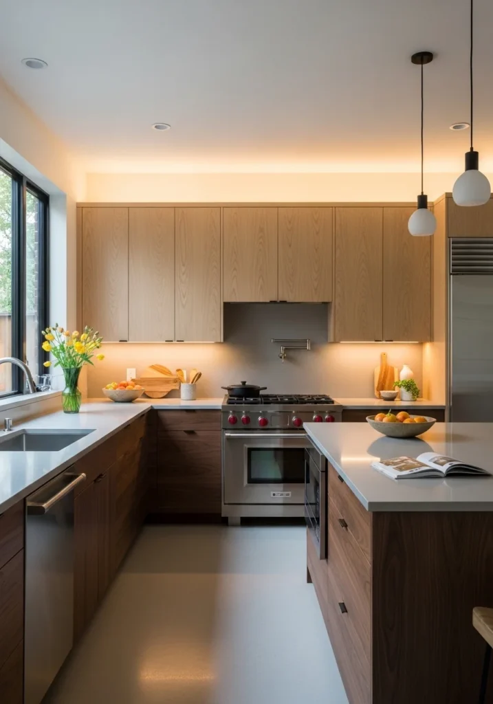 Two-tone kitchen with dark lower and light upper wood cabinets, neutral countertops, and soft lighting for depth and dimension.