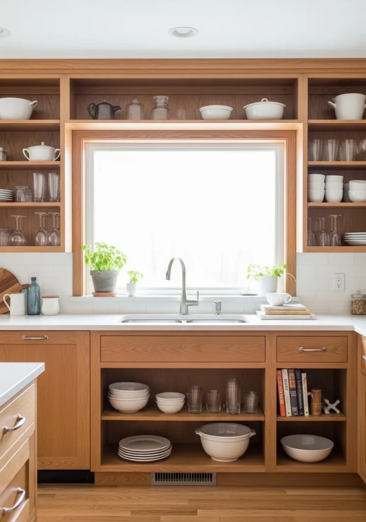Kitchen showing open wood shelves with matching cabinets, organized dishes, and decorative accents for an airy and stylish look.