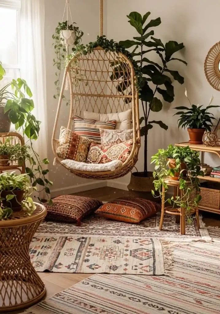 Hanging rattan chair adds playful relaxation and texture to a boho living room.