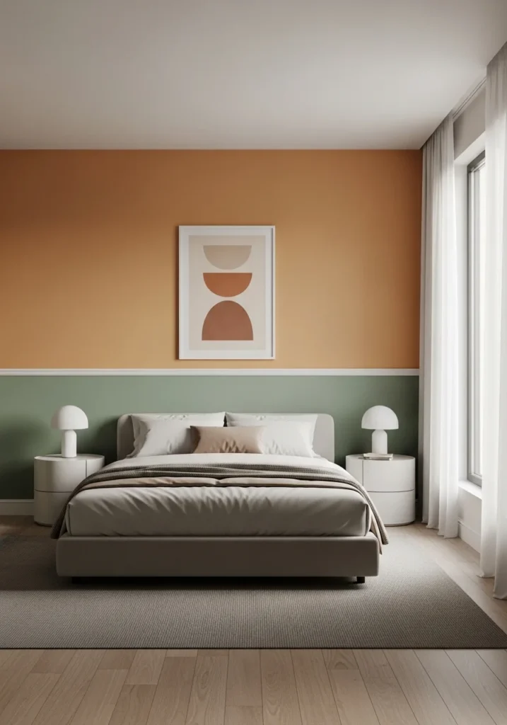 Bedroom with two-toned green and orange walls, neutral bed, and white trim separating the colors.