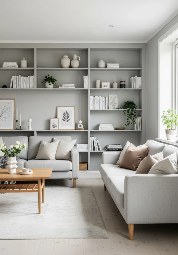 Built-in shelving in Scandinavian living room