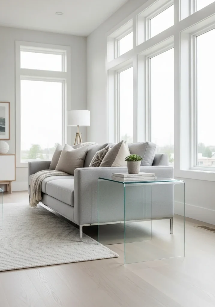 Glass side table creating an open and airy living room feel.