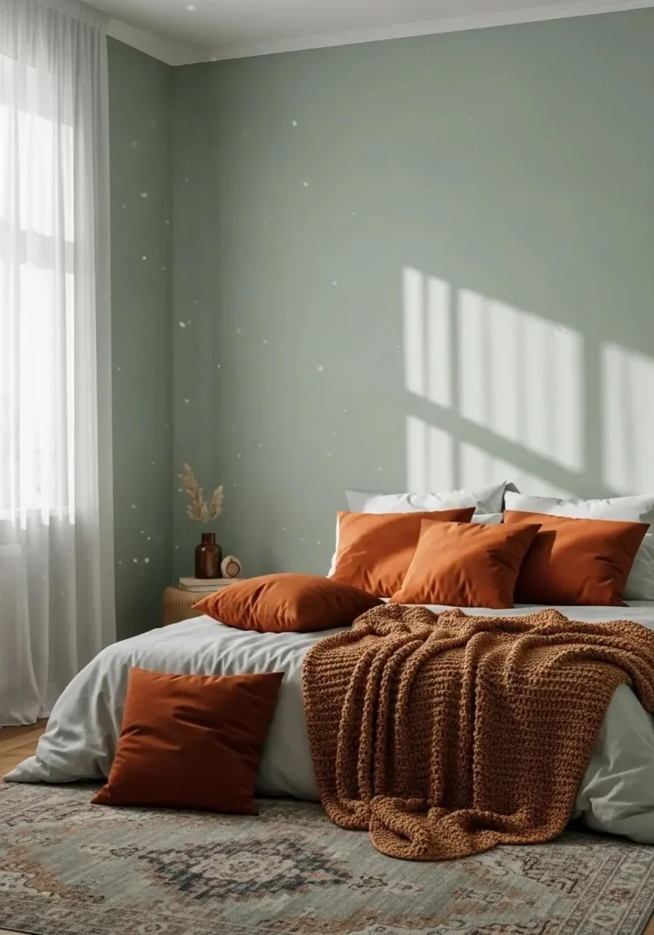 Cozy bedroom with sage green walls and rusty orange accents, including pillows and a rug, with soft natural lighting.