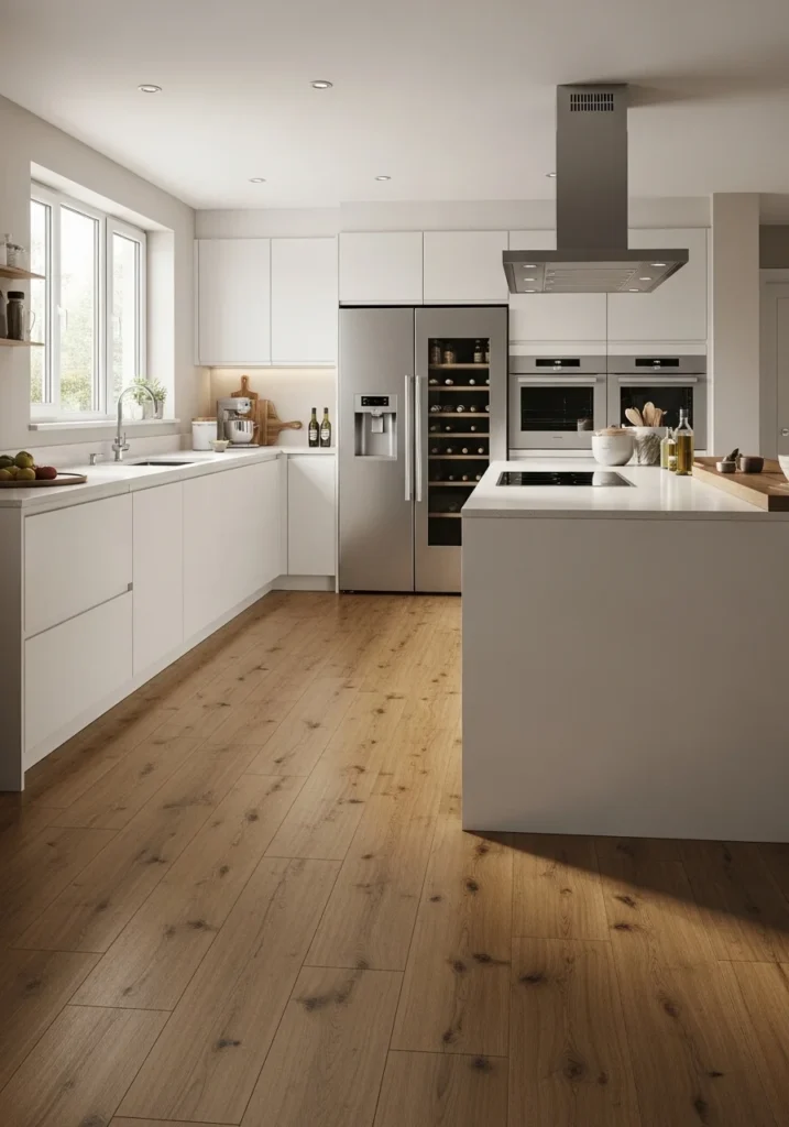Kitchen with wood look tile flooring giving warm natural wood style with easy maintenance