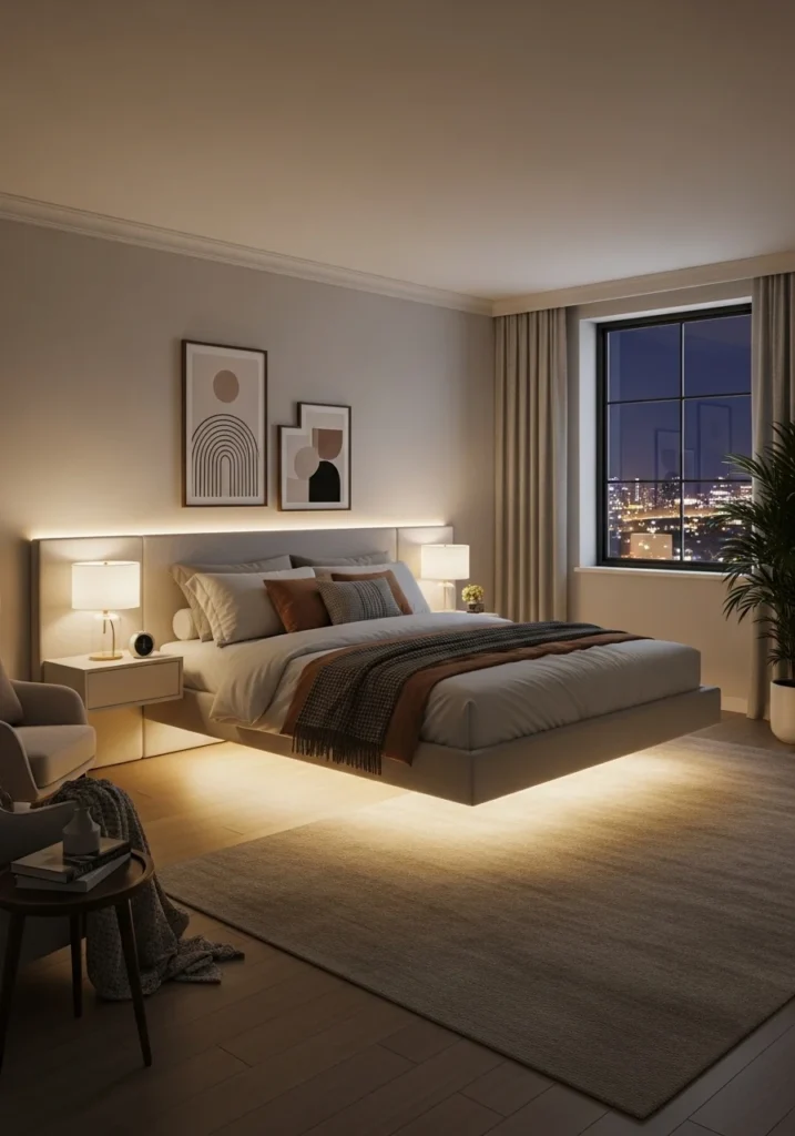 Bedroom with warm under-bed lighting creating a floating glow effect.