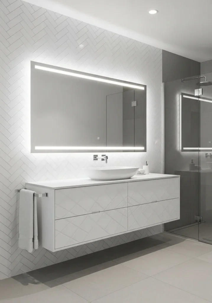 white patterned bathroom tiles adding subtle texture and visual interest