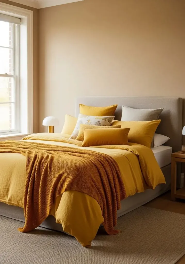 Layered yellow bedding creating a cozy, warm, and inviting bedroom look.