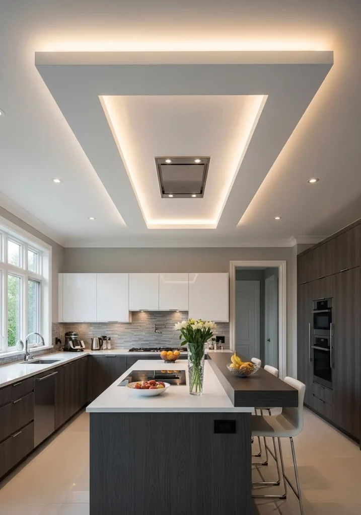 tray kitchen ceiling with recessed design and soft ambient lighting effect