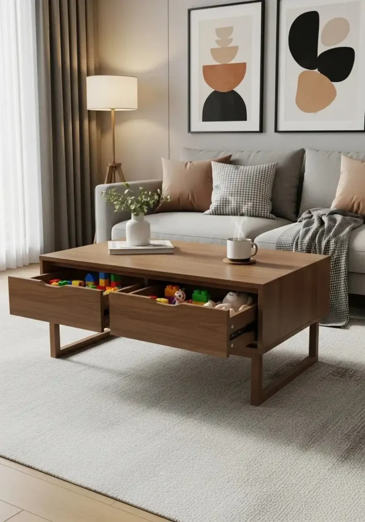 Coffee table with hidden compartments used for toy storage.