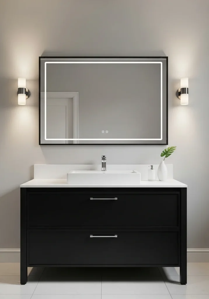 Black vanity with white sink creating a bold modern bathroom contrast.