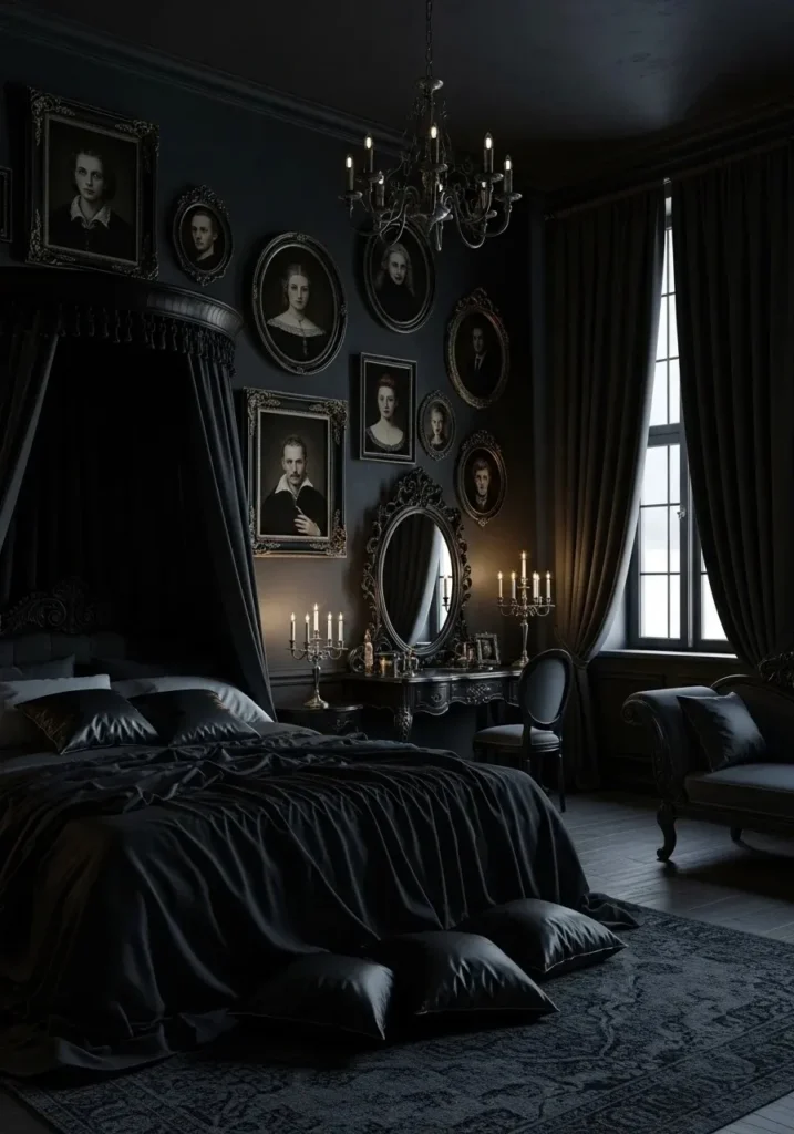 Gothic bedroom wall art with dark vintage frames and moody vampire atmosphere.