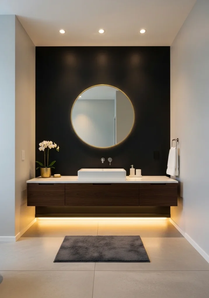 Gold framed mirror on black bathroom wall