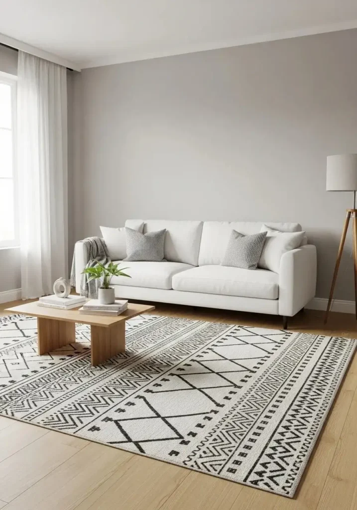 White couch living room with bold statement rug and modern interior styling