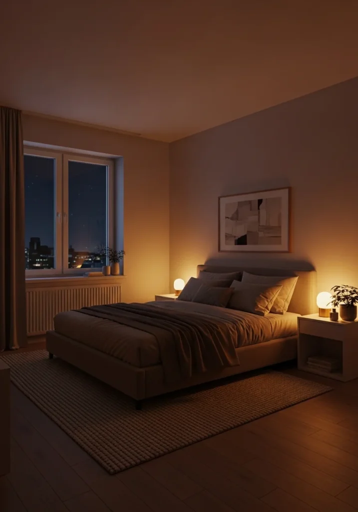 Bedroom with dim warm lighting creating a calm and relaxing environment.