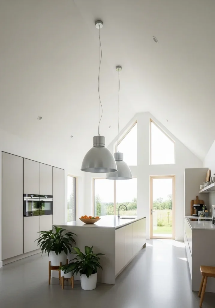 vaulted kitchen ceiling creating open and spacious modern kitchen design