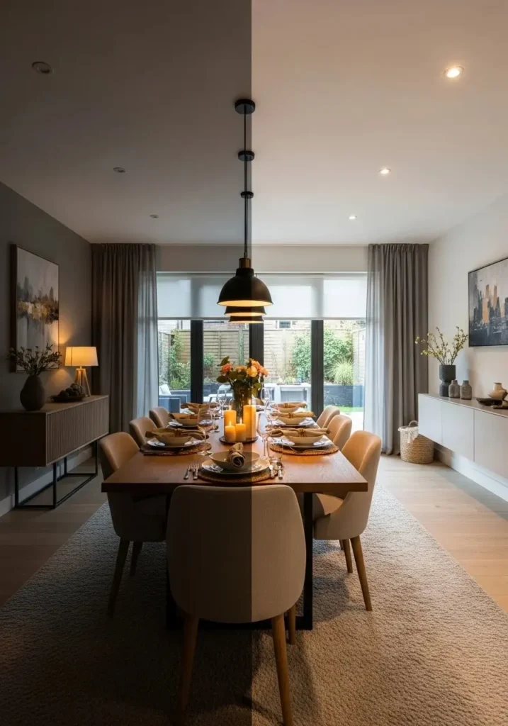 Dining room with dimmable lighting for perfect mood control