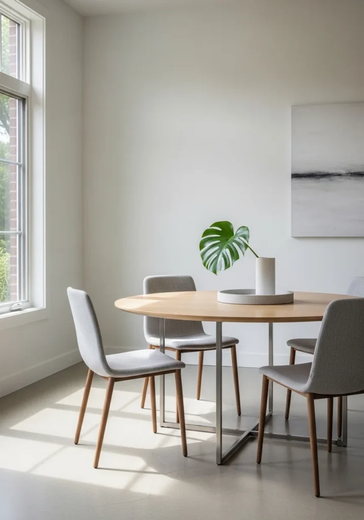 Round dining table with minimal styling using empty space for modern clean look