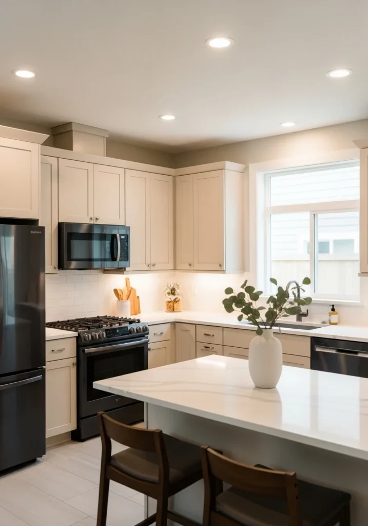 black appliances with light countertops bright kitchen idea