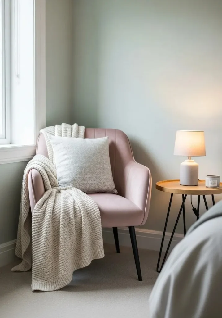 Bedroom corner accent chair styled with soft fabric, pillow, and cozy decor elements.