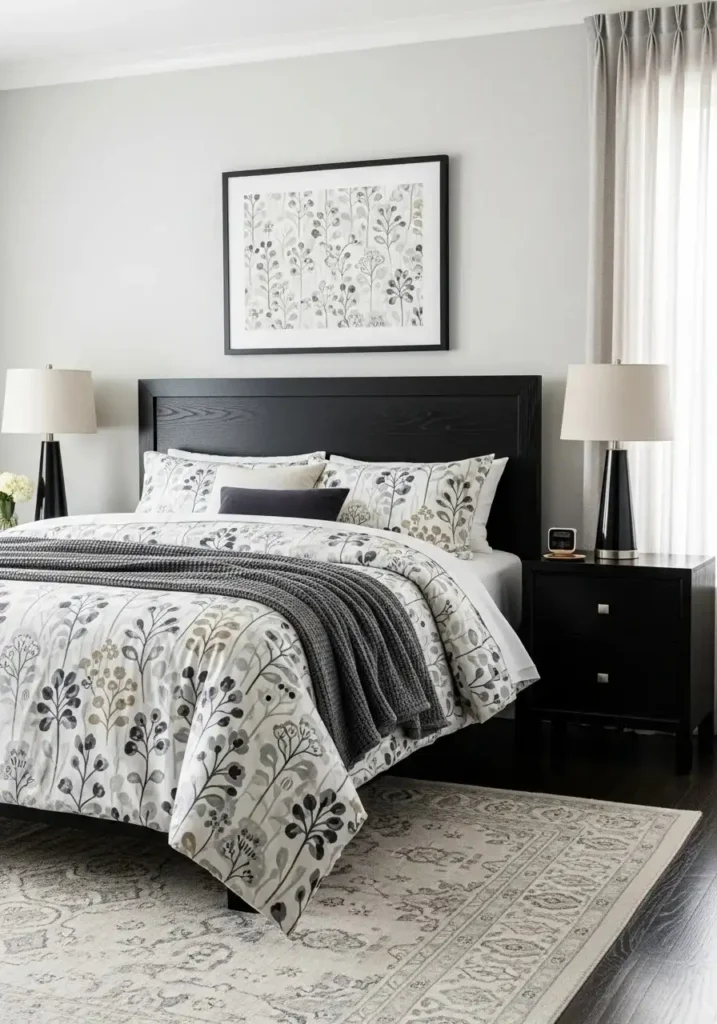 black furniture with patterned bedding stylish bedroom ideas