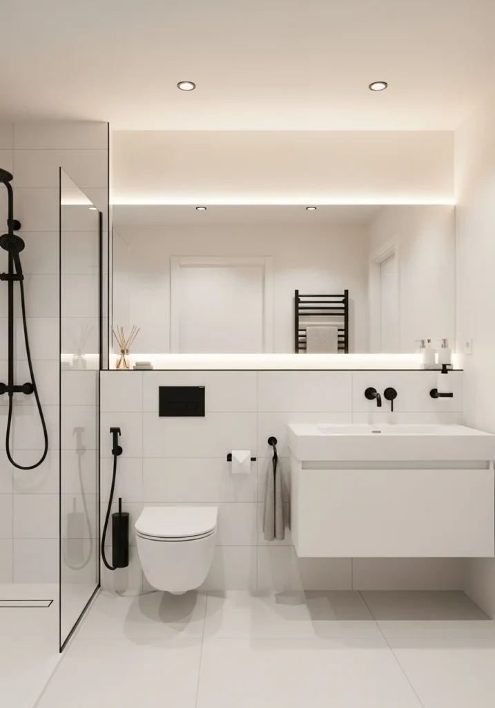 Bathroom with matte black fixtures on white background