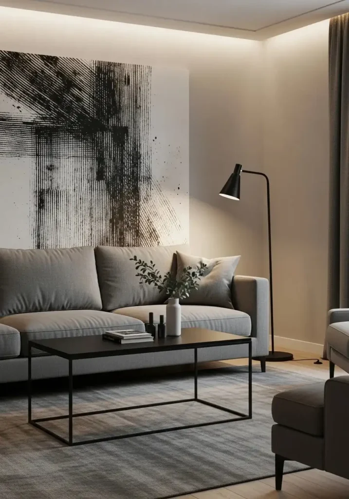 Grey sofa living room with black metal accents and modern minimalist styling