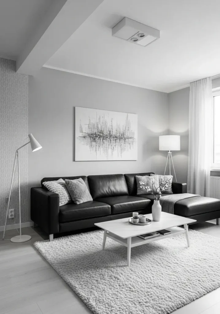 Black couch in a monochrome living room with black white and grey tones