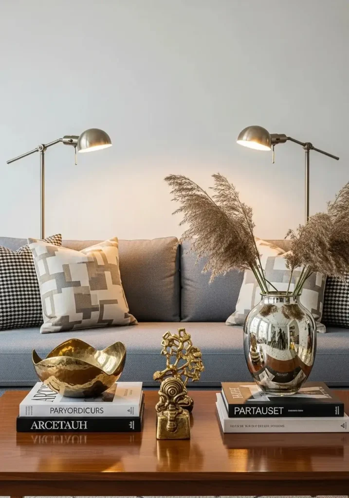 brown couch with metallic accents for elegant living room style