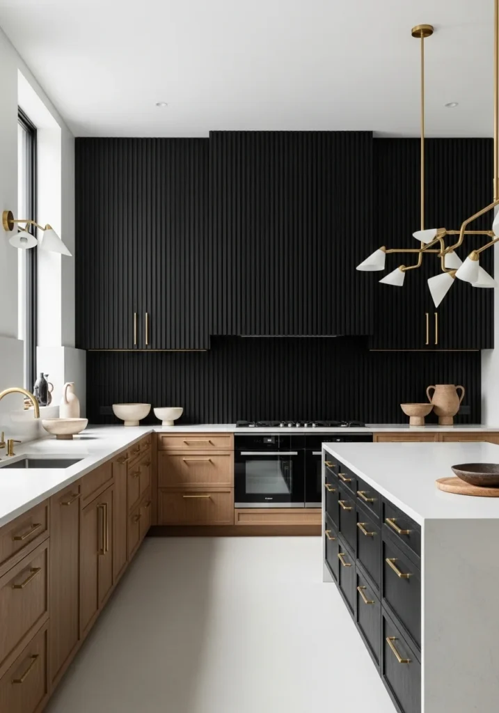 Kitchen window framed with black wall and vertical wood slats, natural sunlight, clean modern aesthetic