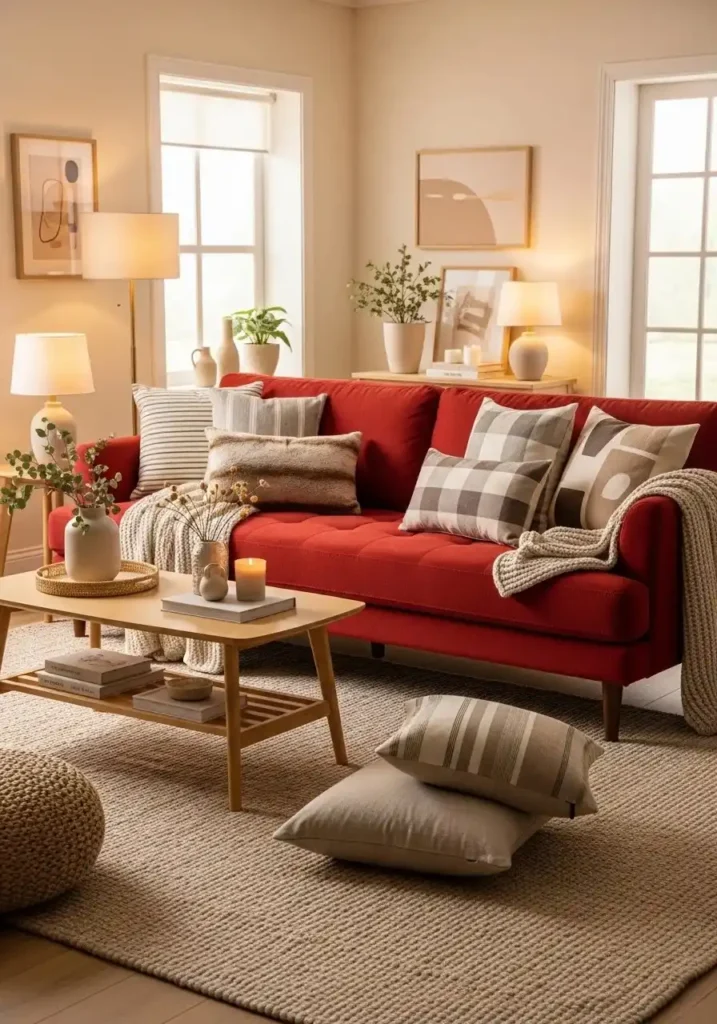 Red couch decorated with subtle patterned pillows for balance