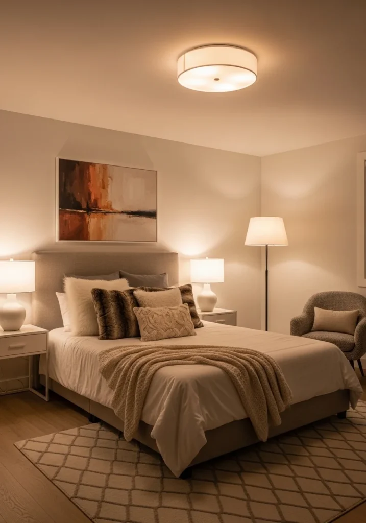 Layered warm lighting in a bedroom with lamps and soft ambient glow.