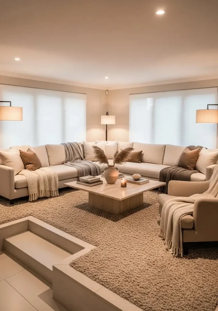 Sunken living room with soft neutral layers and textured cozy décor.
