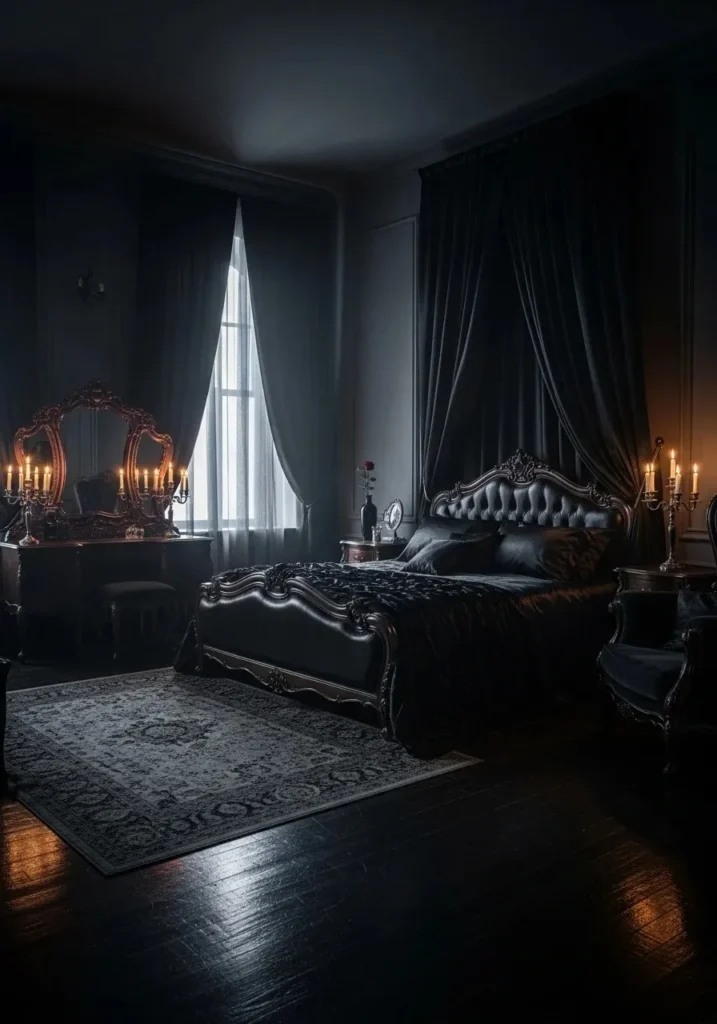 Black gothic curtains creating a dramatic and mysterious vampire bedroom feel.
