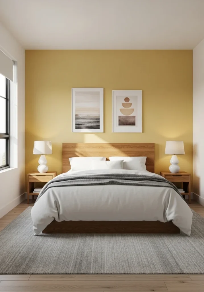 Yellow accent wall behind bed creating a warm and cheerful bedroom focal point.
