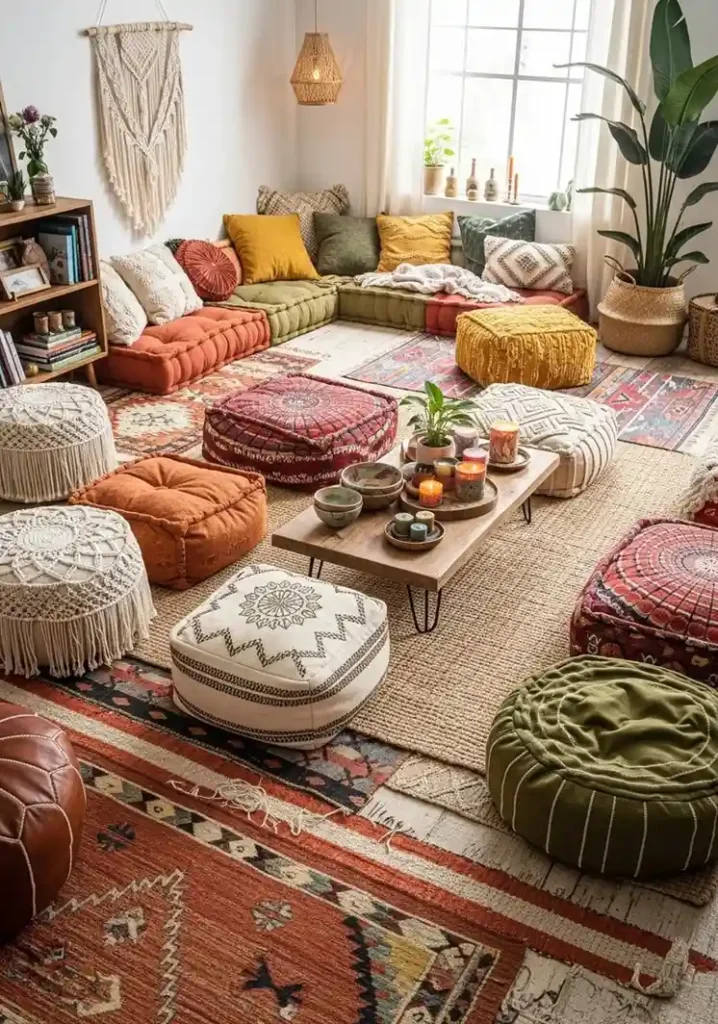 Floor cushions and poufs create a casual, flexible seating area in a boho living room
