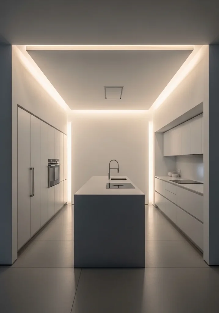 minimalist kitchen ceiling with hidden lighting creating soft modern glow