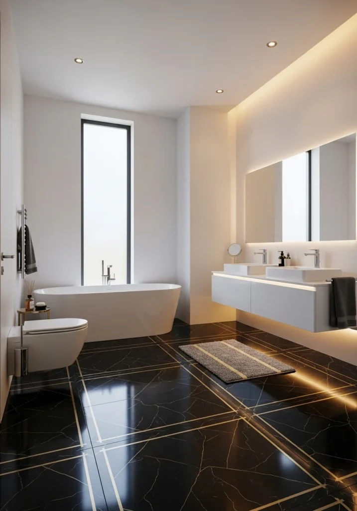 Black floor tiles with gold inlay bathroom design